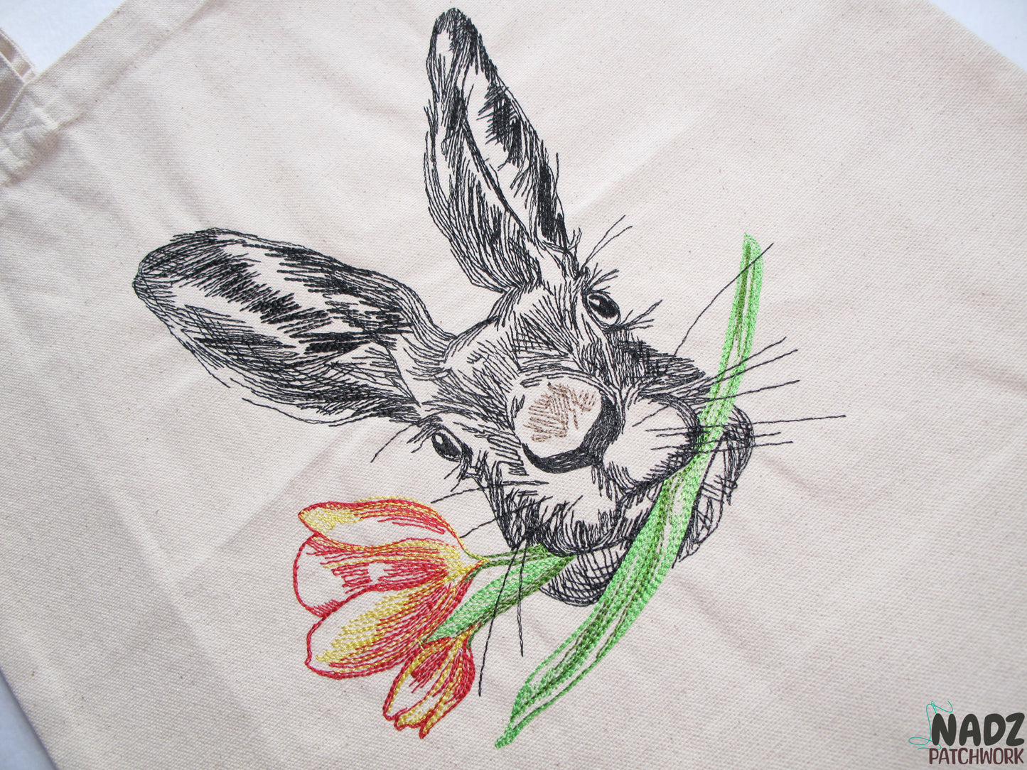 Gestickte Baumwolltasche, mit langen Henkeln, Hase, Rabbit, Jutebeutel, Baumwolltasche, Tote bag, Einkaufstaschen, Stofftaschen, Cotton bag