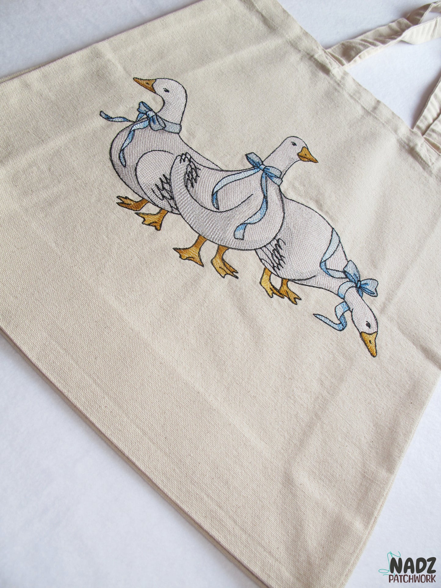 Gestickte Baumwolltasche, mit langen Henkeln Jutebeutel | Baumwolltasche | Einkaufstaschen | Stofftaschen | Gänse | Canvastasche.